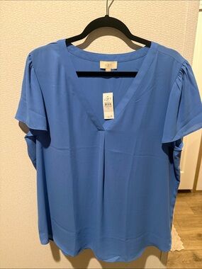 LOFT Periwinkle V-Neck Flutter Sleeve Blouse